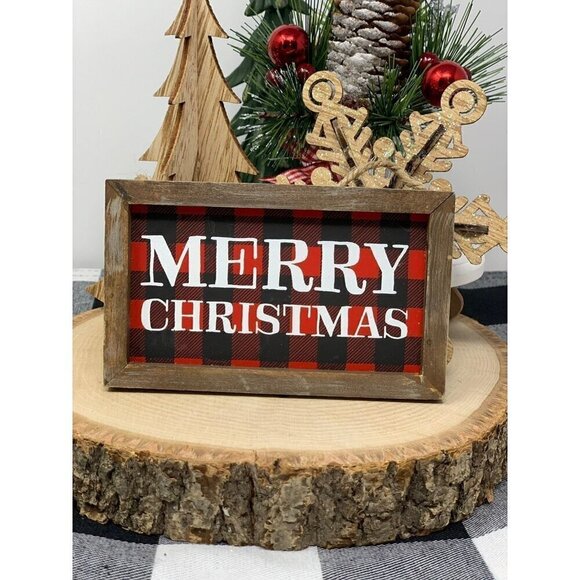 Merry Christmas Mini Sign 5 in Buffalo Check Red Holiday Decor Farmhouse Rustic - Picture 2 of 7